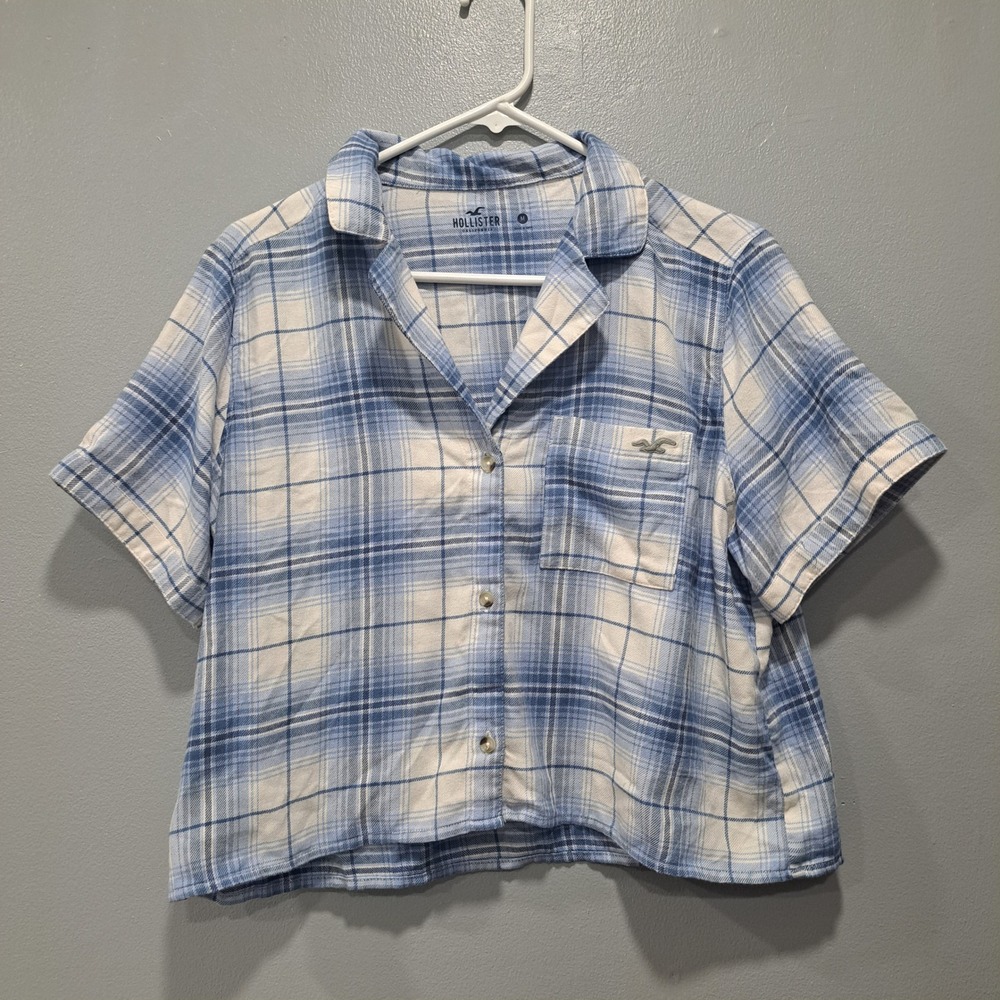 Hollister Blue‎ Plaid Short Sleeve Crop Pajama Top Button Up Sleep Shirt Medium